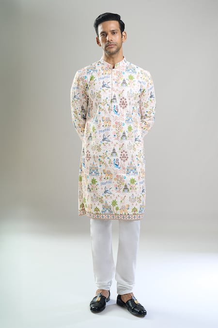 Arihant Rai Sinha_Cream Cotton Embroidery, Sequins Thread And Kurta Set _at_Aza_Fashions