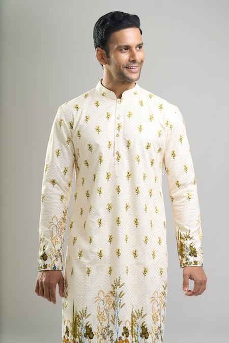 Arihant Rai Sinha_Cream Cotton, Polyester, Viscose Embroidery, Thread And Kurta & Churidar Set _Online_at_Aza_Fashions