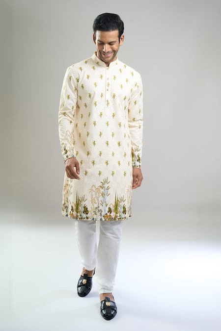 Shop_Arihant Rai Sinha_Cream Cotton, Polyester, Viscose Embroidery, Thread And Kurta & Churidar Set _Online_at_Aza_Fashions