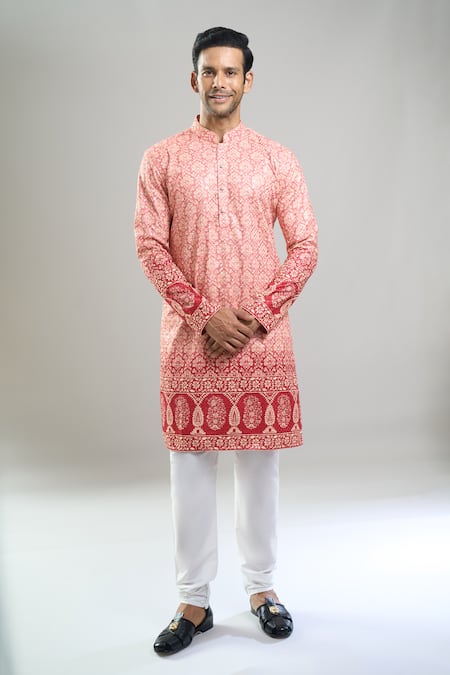 Shop_Arihant Rai Sinha_Red Cotton, Viscose, Polyester Embroidery, Sequins, Metallic And Kurta Set _Online_at_Aza_Fashions