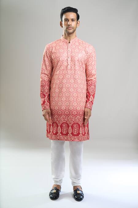 Arihant Rai Sinha_Red Cotton, Viscose, Polyester Embroidery, Sequins, Metallic And Kurta Set _at_Aza_Fashions