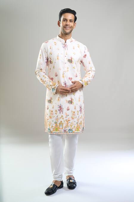 Arihant Rai Sinha_Cream Cotton, Viscose, Polyester Embroidery, Sequins Thread And Kurta Set _Online_at_Aza_Fashions