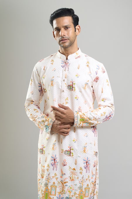 Buy_Arihant Rai Sinha_Cream Cotton, Viscose, Polyester Embroidery, Sequins Thread And Kurta Set _Online_at_Aza_Fashions