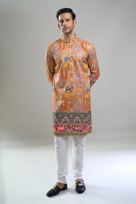 Shop_Arihant Rai Sinha_Orange Cotton, Viscose, Polyester Embroidery, Sequins Thread And Kurta Set _Online_at_Aza_Fashions