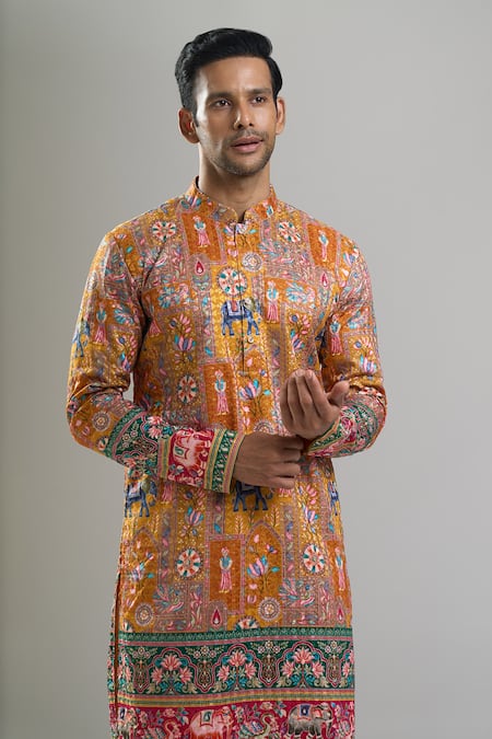 Arihant Rai Sinha_Orange Cotton, Viscose, Polyester Embroidery, Sequins Thread And Kurta Set _at_Aza_Fashions