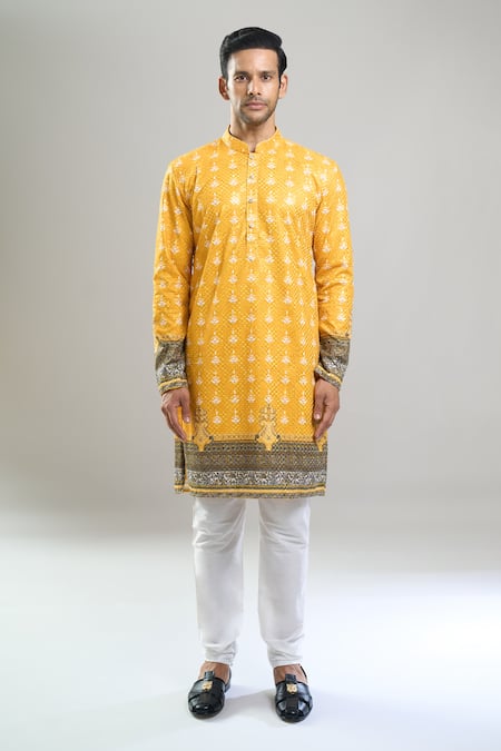 Arihant Rai Sinha_Yellow Cotton, Polyester, Viscose Embroidery, Sequins Thread And Kurta Set _at_Aza_Fashions