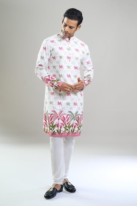 Buy_Arihant Rai Sinha_Multi Color Cotton Embroidery, Sequins, Metallic Palm Tree Kurta And Churidar Set _Online_at_Aza_Fashions