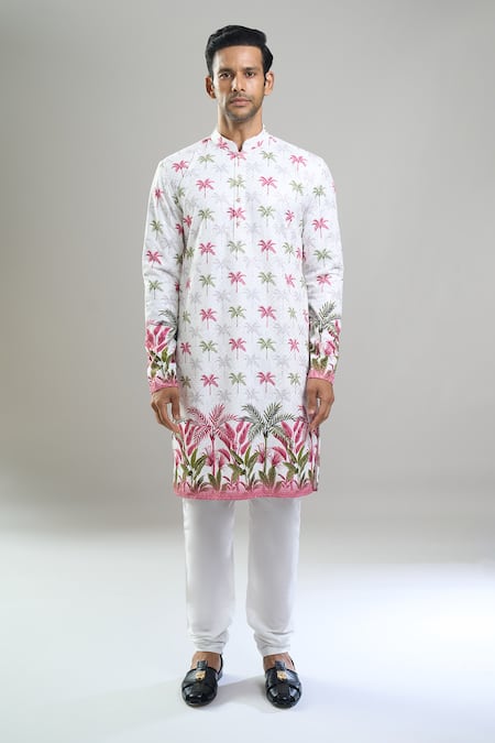 Shop_Arihant Rai Sinha_Multi Color Cotton Embroidery, Sequins, Metallic Palm Tree Kurta And Churidar Set _Online_at_Aza_Fashions