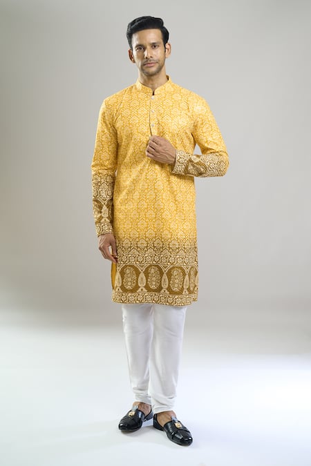 Buy_Arihant Rai Sinha_Yellow Cotton, Viscose, Polyester Embroidery, Sequins, Metallic And Kurta Set _Online_at_Aza_Fashions