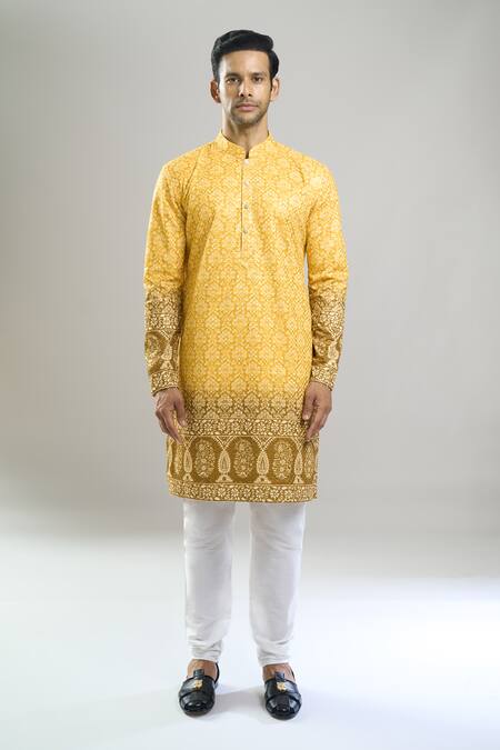 Shop_Arihant Rai Sinha_Yellow Cotton, Viscose, Polyester Embroidery, Sequins, Metallic And Kurta Set _Online_at_Aza_Fashions