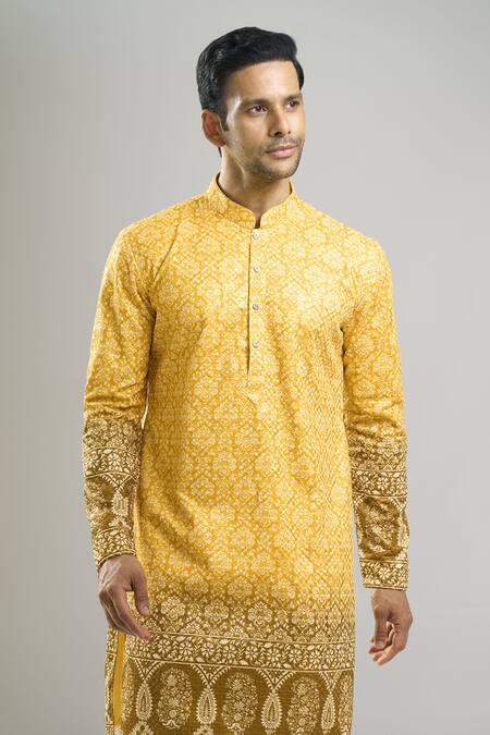 Arihant Rai Sinha_Yellow Cotton, Viscose, Polyester Embroidery, Sequins, Metallic And Kurta Set _at_Aza_Fashions