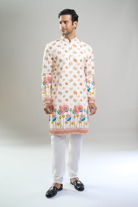 Arihant Rai Sinha_Cream Cotton Embroidery, Sequins Thread And Kurta & Churidar Set _Online_at_Aza_Fashions