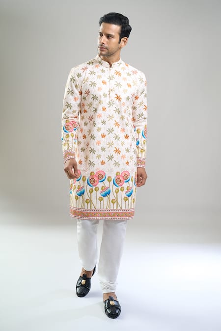 Buy_Arihant Rai Sinha_Cream Cotton Embroidery, Sequins Thread And Kurta & Churidar Set _Online_at_Aza_Fashions