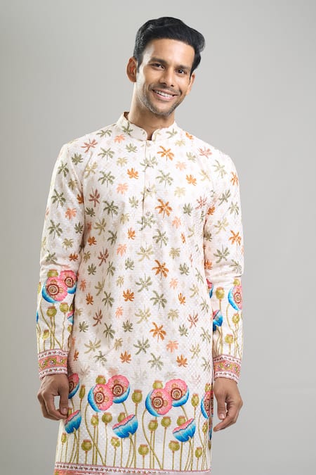 Arihant Rai Sinha_Cream Cotton Embroidery, Sequins Thread And Kurta & Churidar Set _at_Aza_Fashions
