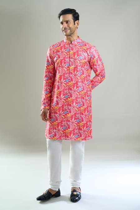 Arihant Rai Sinha_Pink Cotton, Polyester, Viscose Embroidery, Sequins Floral Thread And Kurta Set _Online_at_Aza_Fashions