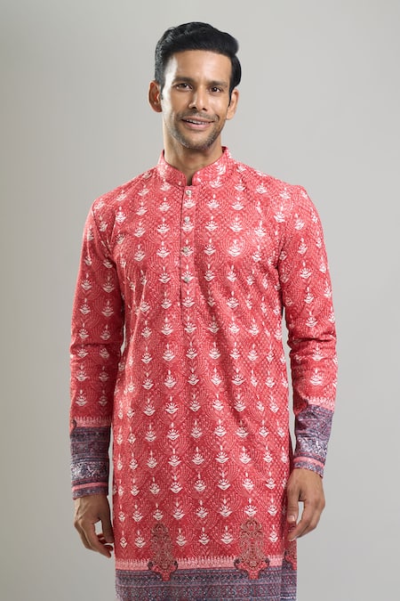 Buy_Arihant Rai Sinha_Red Cotton, Polyester, Viscose Embroidery, Sequins Thread And Kurta Set _Online_at_Aza_Fashions