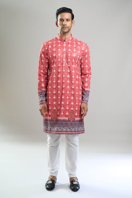 Shop_Arihant Rai Sinha_Red Cotton, Polyester, Viscose Embroidery, Sequins Thread And Kurta Set _Online_at_Aza_Fashions