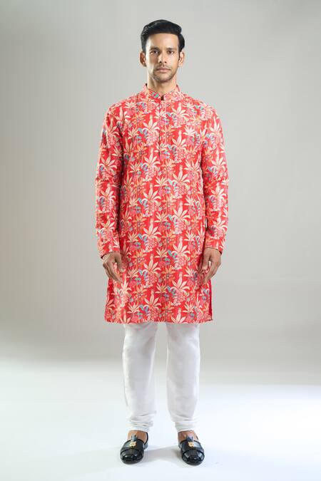 Arihant Rai Sinha_Red Cotton, Viscose, Polyester Sequins, Embroidery Floral Thread And Kurta Set _Online_at_Aza_Fashions