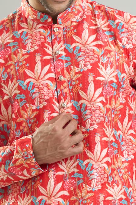 Buy_Arihant Rai Sinha_Red Cotton, Viscose, Polyester Sequins, Embroidery Floral Thread And Kurta Set _Online_at_Aza_Fashions