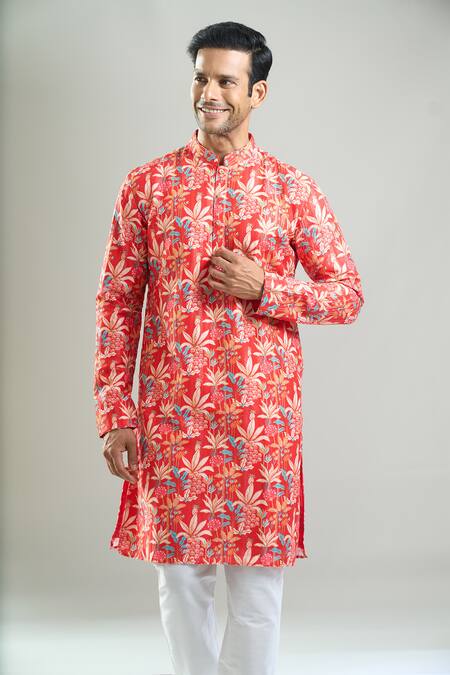 Arihant Rai Sinha_Red Cotton, Viscose, Polyester Sequins, Embroidery Floral Thread And Kurta Set _at_Aza_Fashions