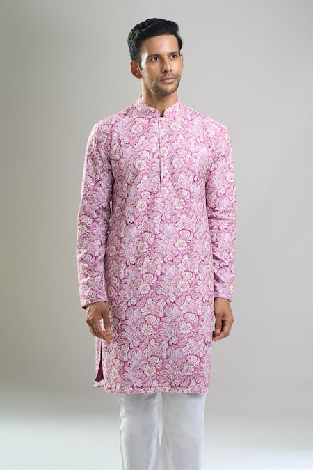 Arihant Rai Sinha_Purple Cotton Embroidery, Sequins, Metallic Thread And Floral Kurta Set _at_Aza_Fashions