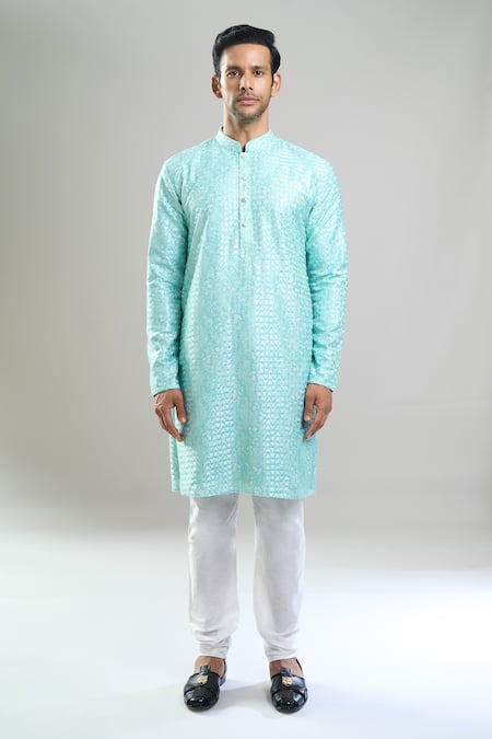 Arihant Rai Sinha_Aqua Cotton, Polyester, Viscose Embroidery, Sequins Thread And Kurta Set _Online_at_Aza_Fashions