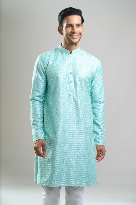 Shop_Arihant Rai Sinha_Aqua Cotton, Polyester, Viscose Embroidery, Sequins Thread And Kurta Set _Online_at_Aza_Fashions