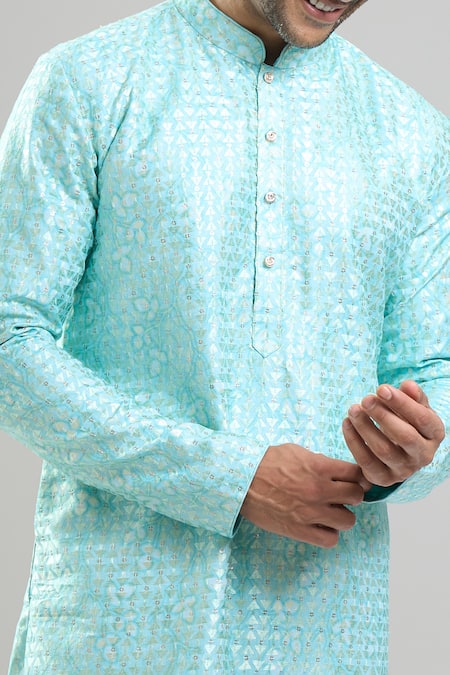 Arihant Rai Sinha_Aqua Cotton, Polyester, Viscose Embroidery, Sequins Thread And Kurta Set _at_Aza_Fashions