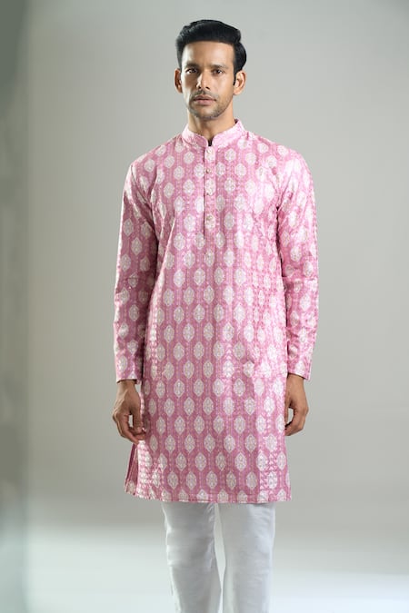 Shop_Arihant Rai Sinha_Pink Cotton, Viscose, Polyester Embroidery, Sequins, Kurta And Churidar Set _Online_at_Aza_Fashions