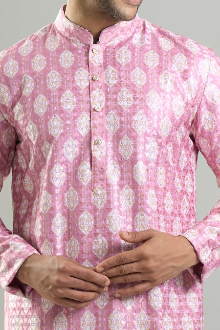 Arihant Rai Sinha_Pink Cotton, Viscose, Polyester Embroidery, Sequins, Kurta And Churidar Set _at_Aza_Fashions