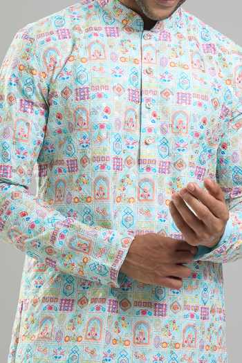 Arihant Rai Sinha_Blue Cotton Jacquard Print Kurta And Churidar Set _Online_at_Aza_Fashions
