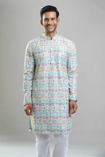Buy_Arihant Rai Sinha_Blue Cotton Jacquard Print Kurta And Churidar Set _Online_at_Aza_Fashions