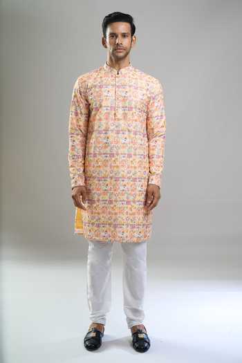 Arihant Rai Sinha_White Cotton, Viscose Embroidery, Sequins Geometric Thread And Kurta Set _Online_at_Aza_Fashions