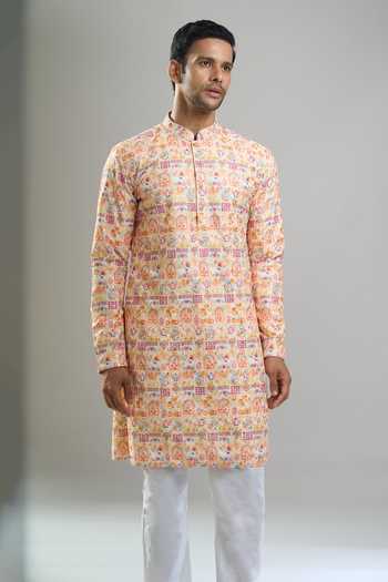 Arihant Rai Sinha_White Cotton, Viscose Embroidery, Sequins Geometric Thread And Kurta Set _at_Aza_Fashions