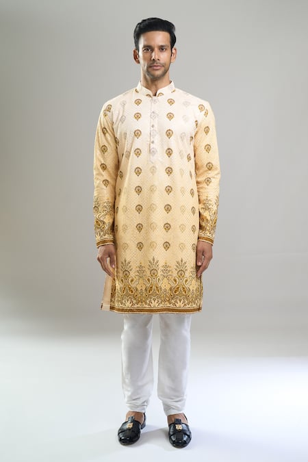 Arihant Rai Sinha_Yellow Cotton, Polyester, Viscose Embroidery, Sequins Thread And Kurta Set _Online_at_Aza_Fashions