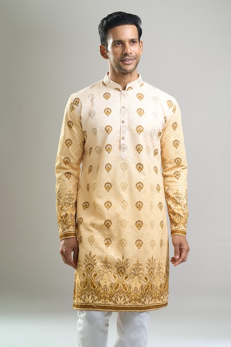Shop_Arihant Rai Sinha_Yellow Cotton, Polyester, Viscose Embroidery, Sequins Thread And Kurta Set _Online_at_Aza_Fashions