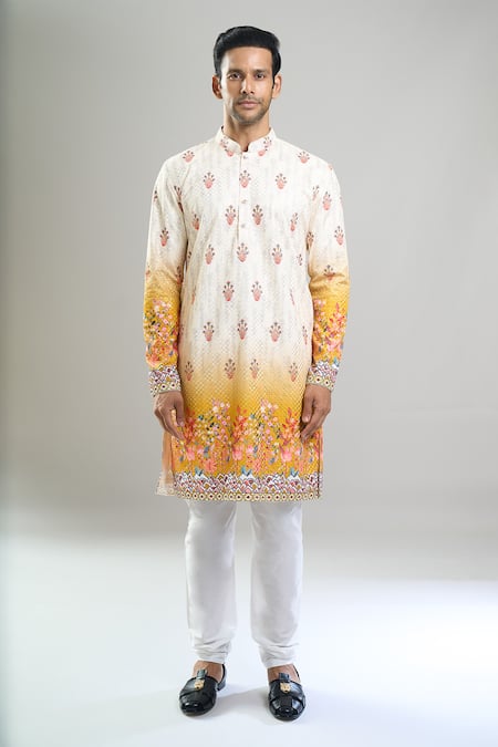 Arihant Rai Sinha_Cream Cotton, Polyester, Viscose Embroidery, Sequins Thread And Floral Kurta Set _Online_at_Aza_Fashions