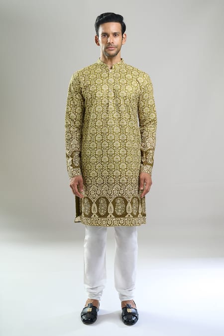 Arihant Rai Sinha_Green Cotton, Polyester, Viscose Embroidery, Sequins, Metallic And Kurta Set _Online_at_Aza_Fashions