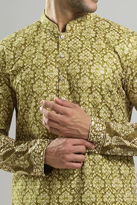 Shop_Arihant Rai Sinha_Green Cotton, Polyester, Viscose Embroidery, Sequins, Metallic And Kurta Set _Online_at_Aza_Fashions