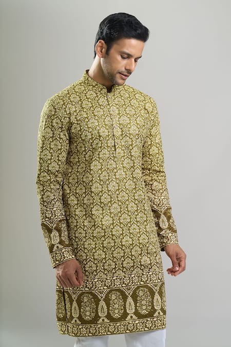 Arihant Rai Sinha_Green Cotton, Polyester, Viscose Embroidery, Sequins, Metallic And Kurta Set _at_Aza_Fashions