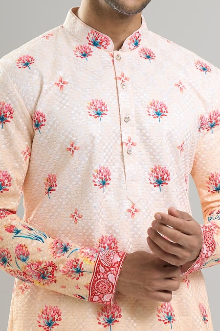 Arihant Rai Sinha_Peach Cotton, Viscose, Polyester Embroidery, Sequins Floral Thread And Kurta Set _Online_at_Aza_Fashions