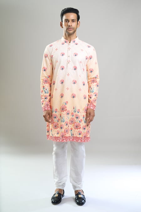 Buy_Arihant Rai Sinha_Peach Cotton, Viscose, Polyester Embroidery, Sequins Floral Thread And Kurta Set _Online_at_Aza_Fashions