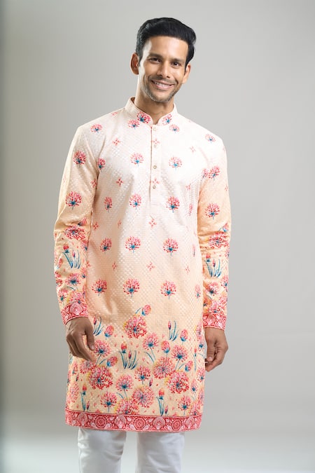 Shop_Arihant Rai Sinha_Peach Cotton, Viscose, Polyester Embroidery, Sequins Floral Thread And Kurta Set _Online_at_Aza_Fashions
