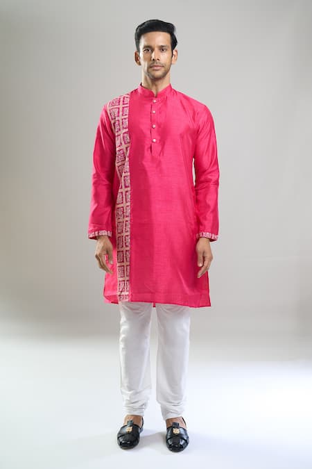 Shop_Arihant Rai Sinha_Fuchsia Silk, Viscose, Polyester Printed Patta Blend Kurta And Churidar Set _Online_at_Aza_Fashions
