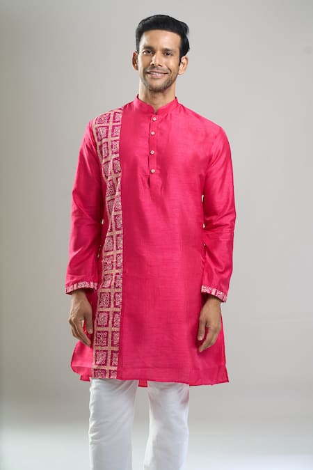 Arihant Rai Sinha_Fuchsia Silk, Viscose, Polyester Printed Patta Blend Kurta And Churidar Set _at_Aza_Fashions