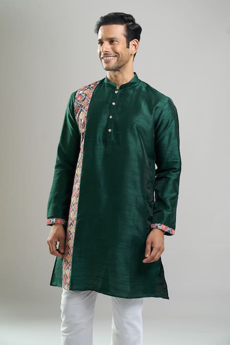 Arihant Rai Sinha_Green Silk Printed Patta Blend Kurta And Churidar Set _at_Aza_Fashions