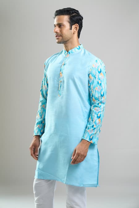 Arihant Rai Sinha_Blue Silk, Polyester, Viscose Printed Patta Kurta And Churidar Set _at_Aza_Fashions