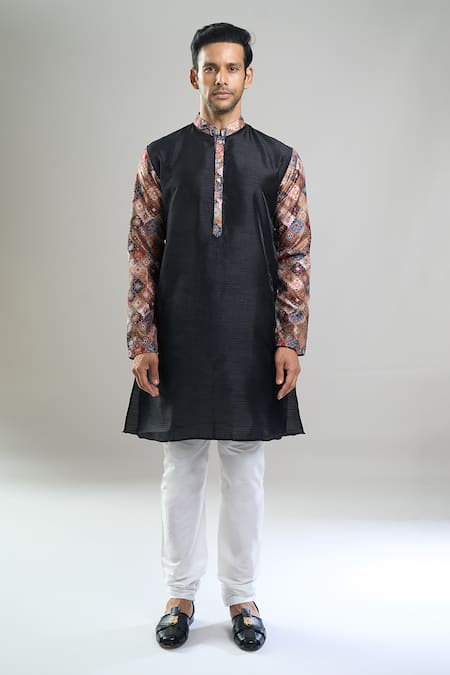 Arihant Rai Sinha_Black Silk, Polyester, Viscose Printed Patta Blend Kurta And Churidar Set _Online_at_Aza_Fashions