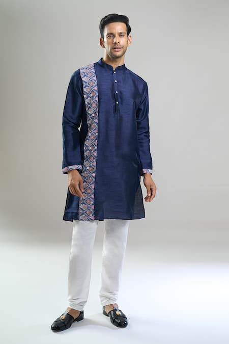 Buy_Arihant Rai Sinha_Navy Silk, Polyester, Viscose Printed Patta Blend Kurta And Churidar Set _Online_at_Aza_Fashions