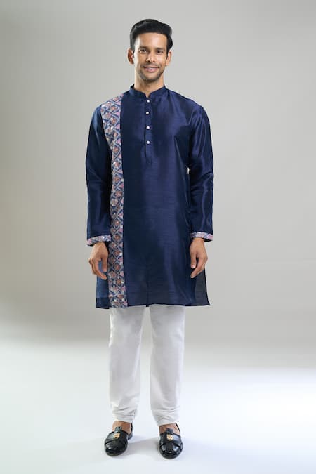 Shop_Arihant Rai Sinha_Navy Silk, Polyester, Viscose Printed Patta Blend Kurta And Churidar Set _Online_at_Aza_Fashions